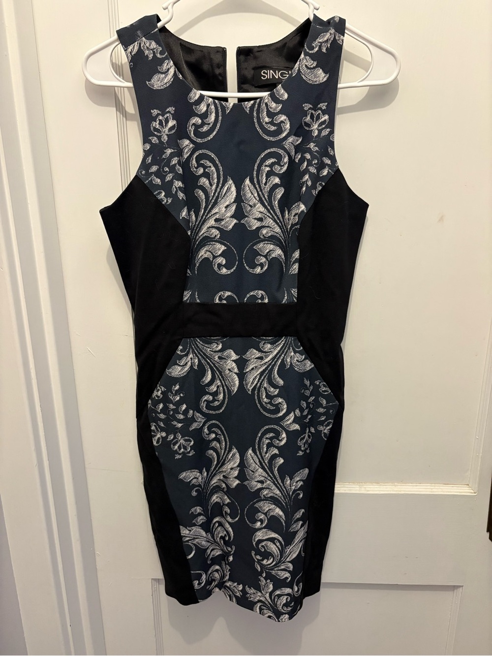 Single Navy and Silver Baroque Midi Sheath Dress
